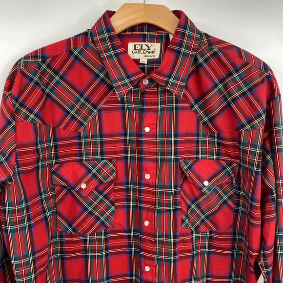 Ely Cattleman‎ Vintage Pearl Snap Western Shirt Mens Size XL Red Green Plaid - Picture 7 of 14